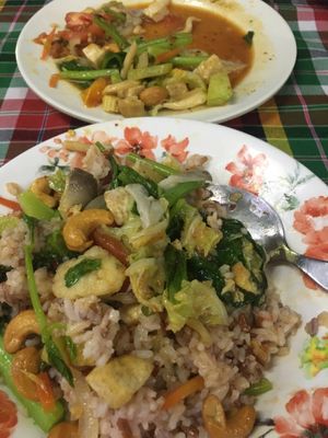 Fried vegetables w/ cashew nuts.  And brown rice at On's Thai Isaan in Kanchanaburi