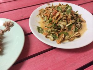 Main dish for 50 baht.  at On's Thai Isaan in Kanchanaburi