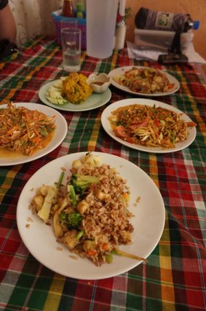 Lovely food made at the cooking class with On! Banana flower salad, fried rice with pineapple and pumpkin hummus at On's Thai Isaan in Kanchanaburi