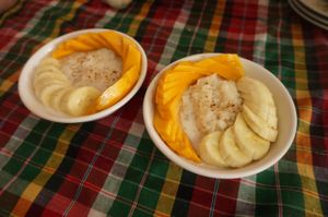 Sticky rice with coconut milk, mango and banana. Most of the times On uses black rice though. at On's Thai Isaan in Kanchanaburi