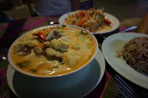 Amazing Tom Kha with papaya salad (all vegan) at On's Thai Isaan in Kanchanaburi