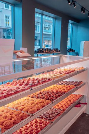 Donut display at Brammibal's Donuts - Jungfernstieg in Hamburg