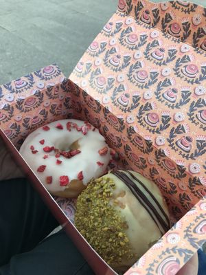 Donuts with the flavours Mozartkugel and something with strawberry  at Brammibal's Donuts - Jungfernstieg in Hamburg