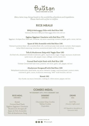 Updated menu as of Mar 6, 2024 at Buutan Vegan Grocery & Café in Tacloban