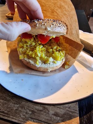 Yummy hummus roasted cauliflower bagel. Vegan at Josephine in Halle