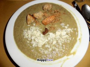 Creamy soup of eggplant with crostini and almond (6 €) at Il Vegetariano in Florence