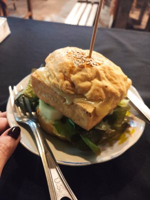 Tofu burger at Six Friends Restaurant in Thakhek