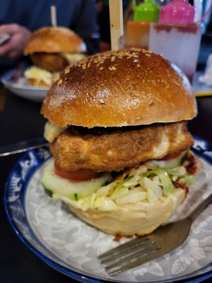 Tofu burger at Six Friends Restaurant in Thakhek