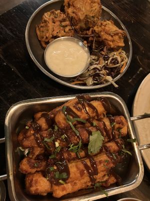 Baba corn and onion bhaji WARNING YOGHURT DIP NOT VEGAN   at Babul's in Darlington