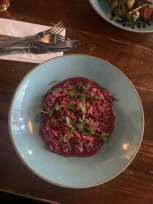 Beetroot and feta risotto - served without feta to make it vegan   at Rapp's Café in Saltburn-by-the-sea