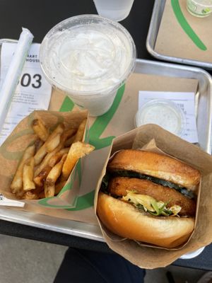 Hot chicken burger with fries and Oreo shake  at Hart House - Hollywood in Hollywood