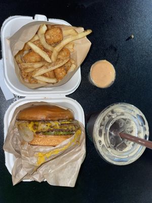 Double bbq beef burger (special) with frytots and a cream soda  at Hart House - Hollywood in Hollywood