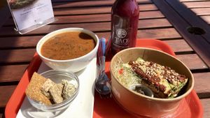 Red lentil, coconut soup. Rawsagne. Cold pressed juice. at Cafe by Tao in North Vancouver
