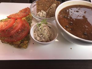 Chickpea quiche, dill nut cheese, lentil soup at Cafe by Tao in North Vancouver