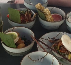 Rice coated Touf with raspberry sauce at Zen Chay in Cologne