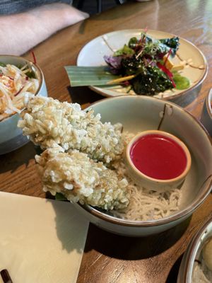 Silken tofy sticks in green rice flakes, with raspberry and chilli dipping sauce  at Zen Chay in Cologne