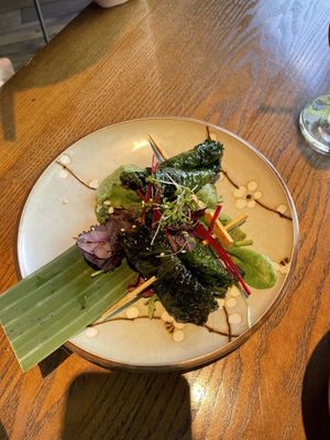 Tofu, soy cutlet and oyster mushroom wrapped in betel leaves   at Zen Chay in Cologne
