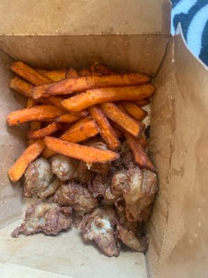 Vegan Popcorn chicken with sweet potato fries at Vinh Loi Tofu in Reseda