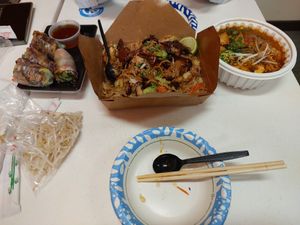Left: peking duck roll (so good!) 
Middle: combo TD(?) - half rice half noodle, really solid stir fry 
Right: house special noodle soup, really light and nice lemongrass flavor at Vinh Loi Tofu in Reseda