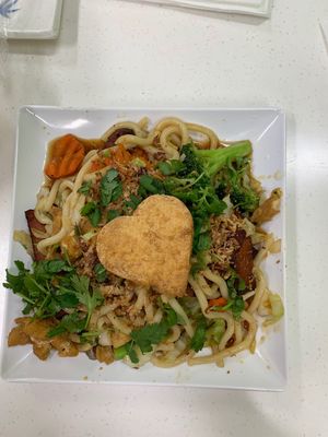 Dry udon noodles with Valentine’s Chick’n at Vinh Loi Tofu in Reseda