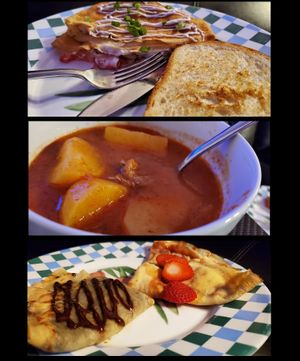 Non-Chicken crepes, Goulash (with plant-based beef), Strawberry Jam Sour Cream (dairy-free) crepes, & Chocolate Banana crepes (vegan hazelnut spread) at Lana's Kitchen in Toronto
