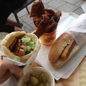 Hot dog, shwarma and chicken strips.  at HaShwarma HaTivonit - The Vegan Shwarma in Tel Aviv