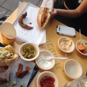 Mayo, thousand island and classic tahini with the hot dogs, shwarma and chicken strips. at HaShwarma HaTivonit - The Vegan Shwarma in Tel Aviv