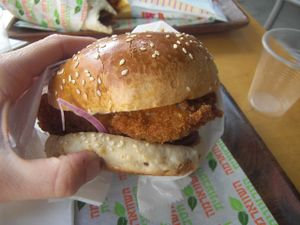 The new "fish" burger  at HaShwarma HaTivonit - The Vegan Shwarma in Tel Aviv