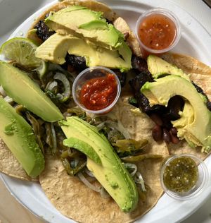 Tacos: nopalito and mushroom with avocado at El Nopalito Vegan Taqueria in Hollywood