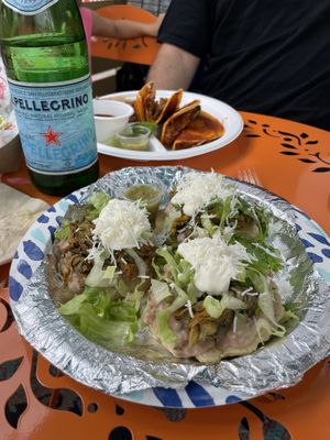 Sopes with squash blossomms  at El Nopalito Vegan Taqueria in Hollywood