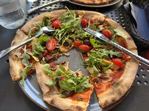 Vegetarian pizza without the cheese. Nice they can alter dishes to make them vegan  at Wena Restaurant in Swinoujscie