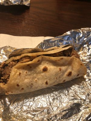 Jackfruit and scrambled eggs on flour tortilla  at Plantaqueria in San Antonio