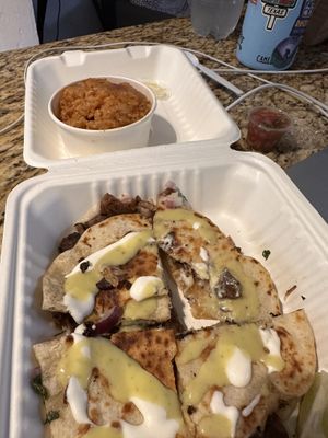 Carne asada quesadilla and Mexican ricee  at Plantaqueria in San Antonio