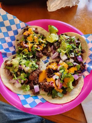 Street taco plate. Birria and barbacoa jackfruit at Plantaqueria in San Antonio
