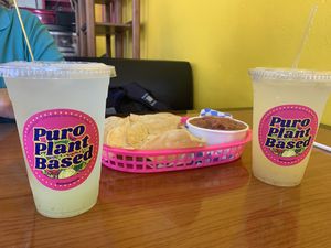 Aguas frescas and chips and salsa  at Plantaqueria in San Antonio