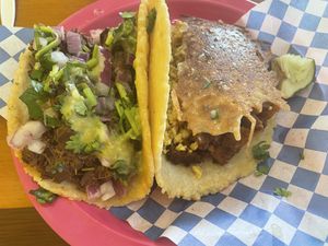 Breakfast tacos : La Lucha and La Barbara on corn tortillas   at Plantaqueria in San Antonio