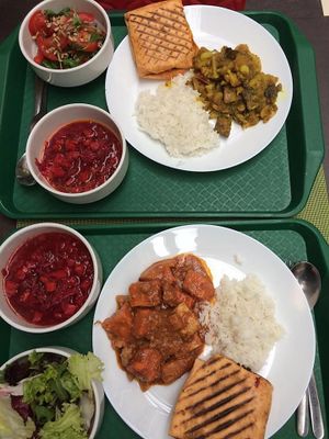 rice, curry, cabbage soup, hummus wrap and salad
 at Veggie in Bratislava