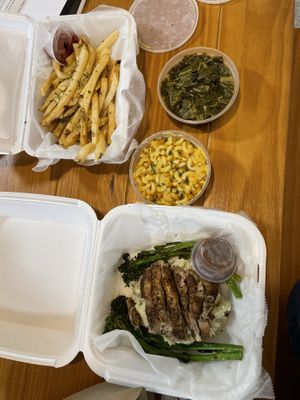 Seared lions mane, garlic mashed potatoes + fries + Mac + collard greens  at Garden of Soul in Bedford