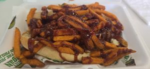 Juicy Polish Boy with Sweet Potato Fries and mushrooms at Juicy Vegan in Cleveland