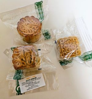 Matcha, redbean, and jasmine tea mooncakes at Little Moon Bake House in Oakland