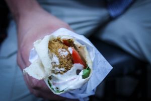falafel sandwich with tahini sauce at Falafel de Sahyoun in Beirut