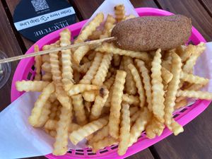 Corn dog with crinkle fries at Speed-o Cappuccino in Portland