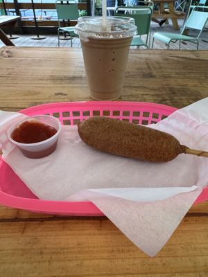 Corn Dog and Chocolate Shake - both delicious   at Speed-o Cappuccino in Portland