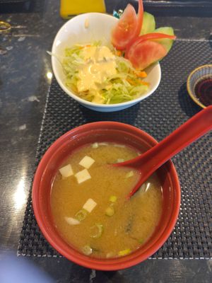Miso soup and salad at Ichiban in Marbella