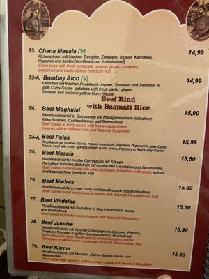 Menue  at Taj Mahal in Dortmund