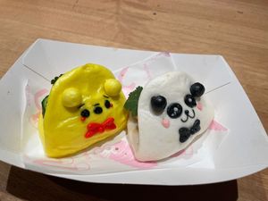 Winnie the Pooh (vegan chicken satay) and panda (fried tofu) bao buns at Son in Law in Melbourne