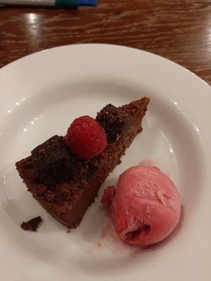 Vegan chocolate torte with raspberry sorbet at Dog & Bear Hotel in Maidstone
