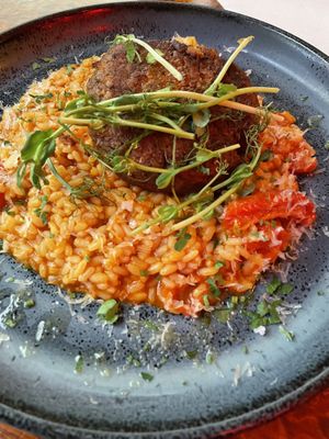 Delicious vegan biff with tomato risotto   at Villa Belparc in Gothenburg