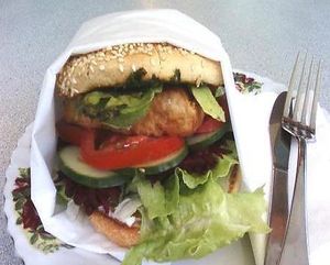 Vegan tofu burger (with avocado, salad, beetroot, vegan mayo, etc.) at Juicy Beetroot Cafe in Fremantle