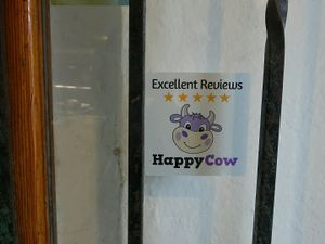 Happycow Excellent Reviews decal sticker at Juicy Beetroot Cafe in Fremantle